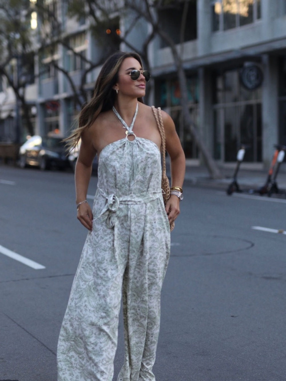 Halter-Neck Wide-Leg Jumpsuit in Light Floral Print
